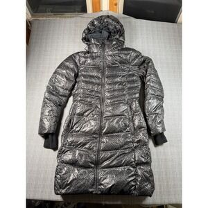 Lole Katie Edition Duck Down Parka Jacket Womens Small Black Gray Abstract Print